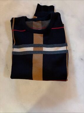 Men's Black Crewneck Sweater with Tan and Gray Stripe Accents 100% Cotton.